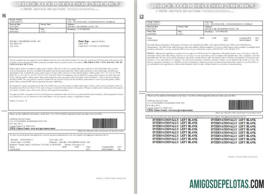 Formulário de Notificação de Ação dos EUA I 797B modelo